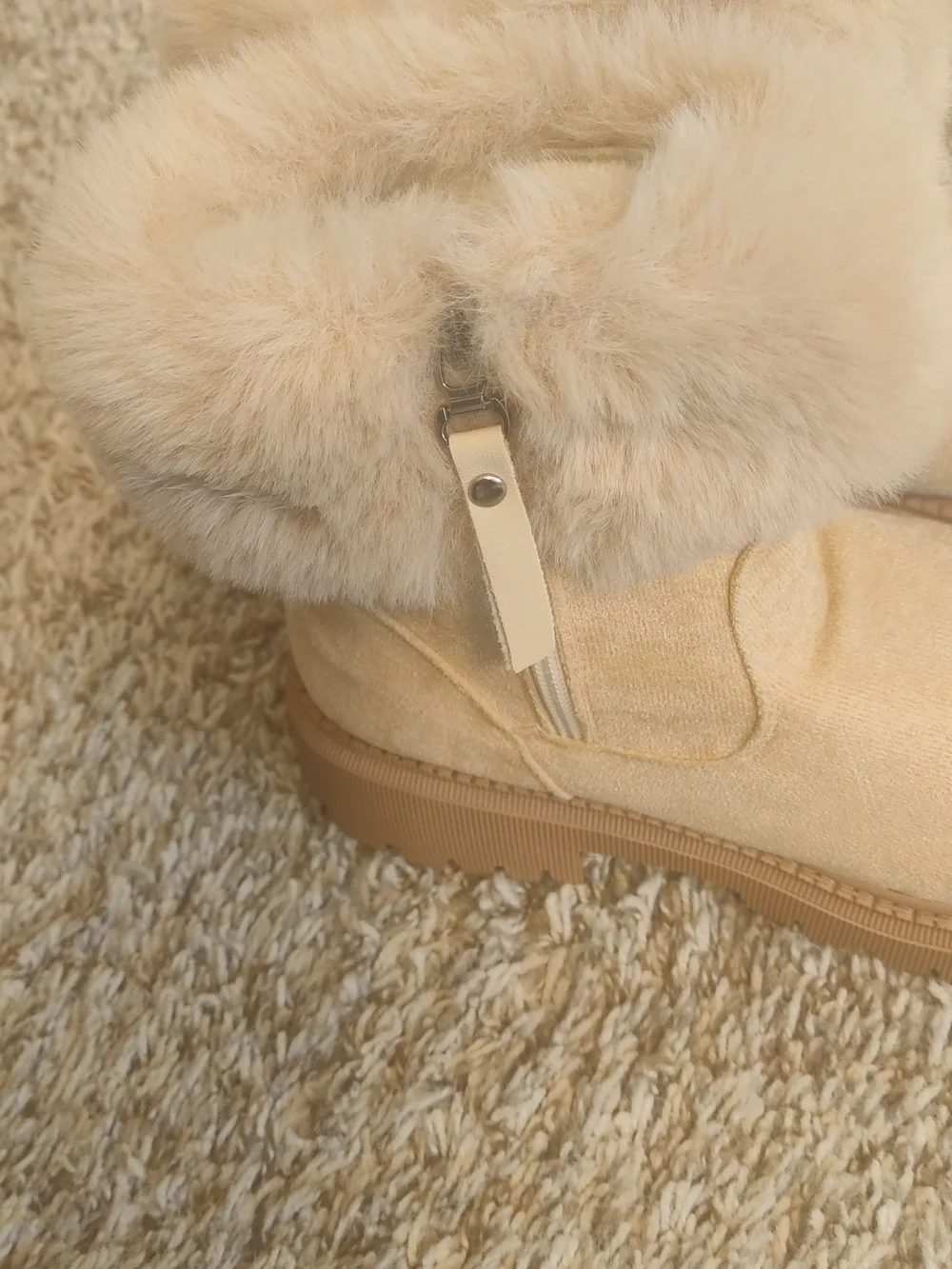 Plush Faux Fur-Trim Suede Winter Ankle Boots in Light Beige